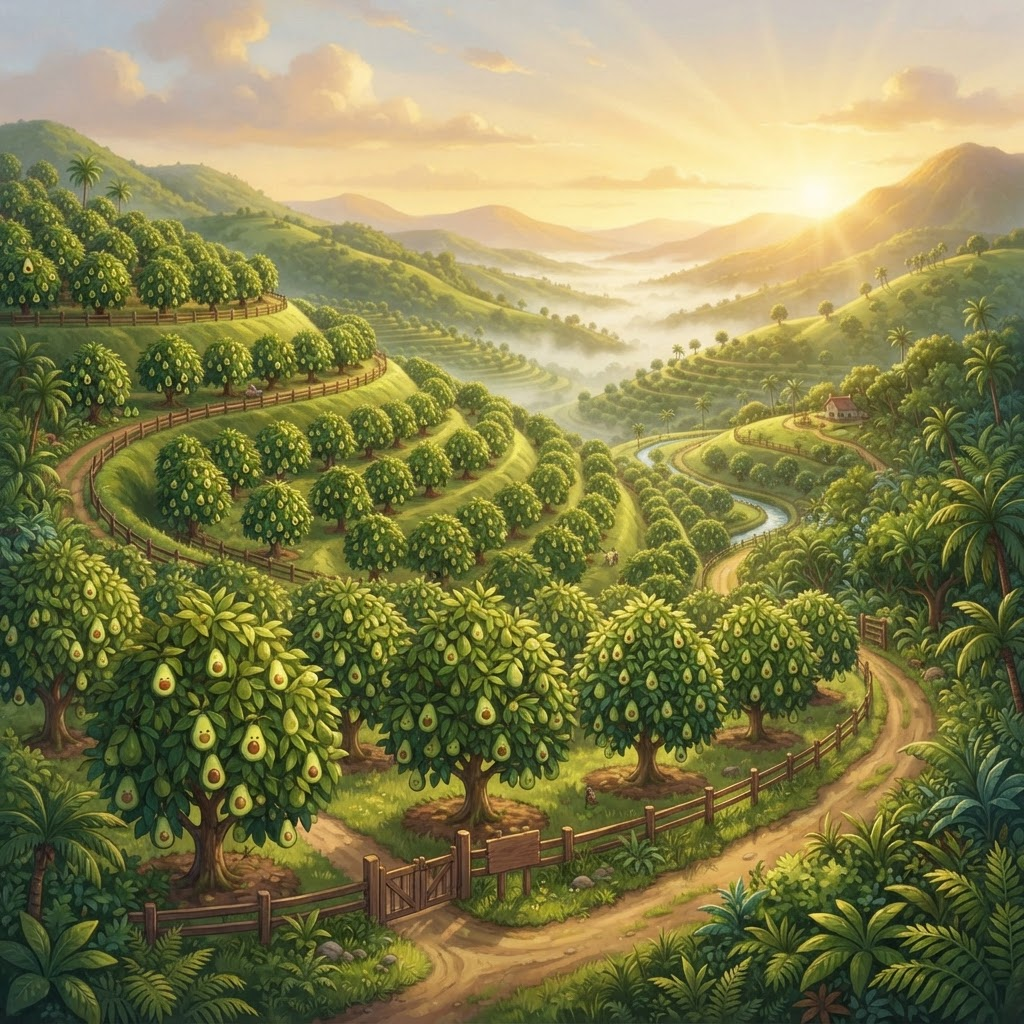 A gigantic magical avocado plantation on rolling green hills