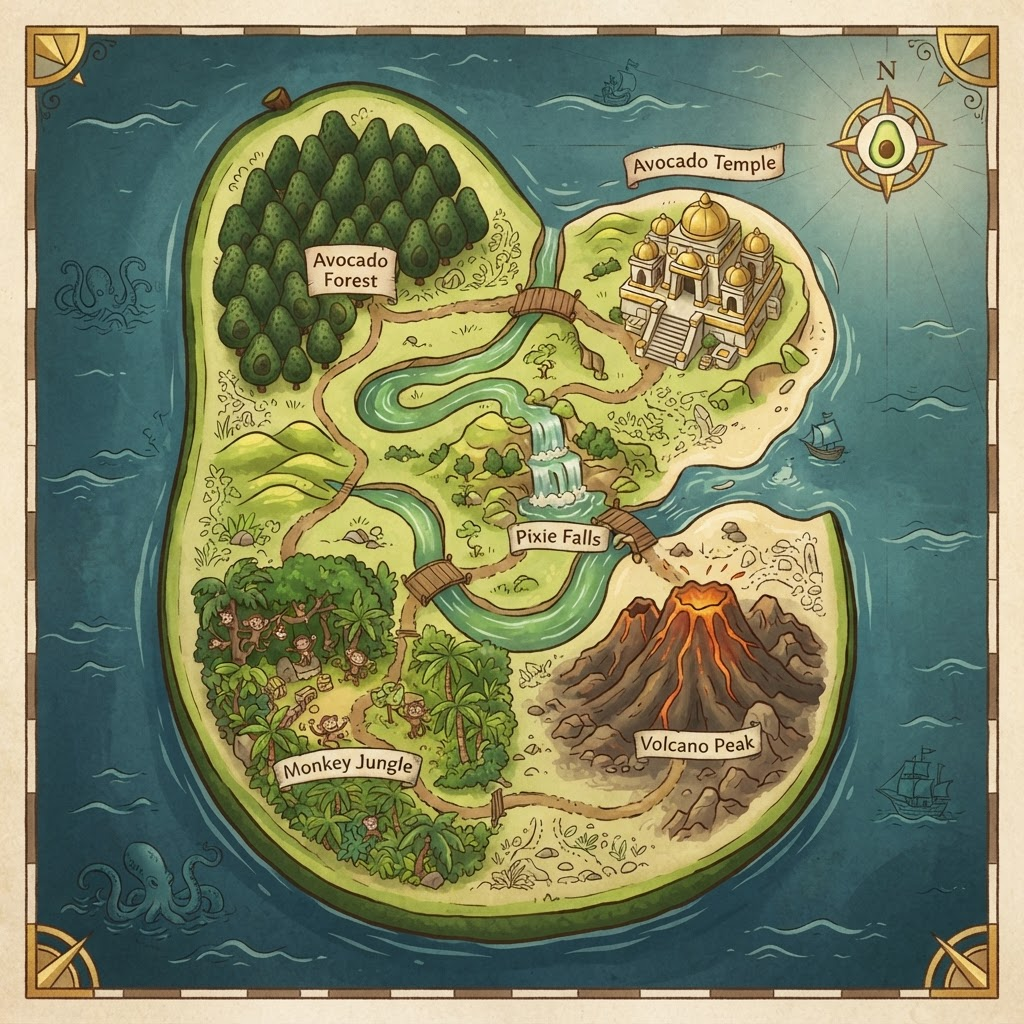 Illustrated map of the avocado island